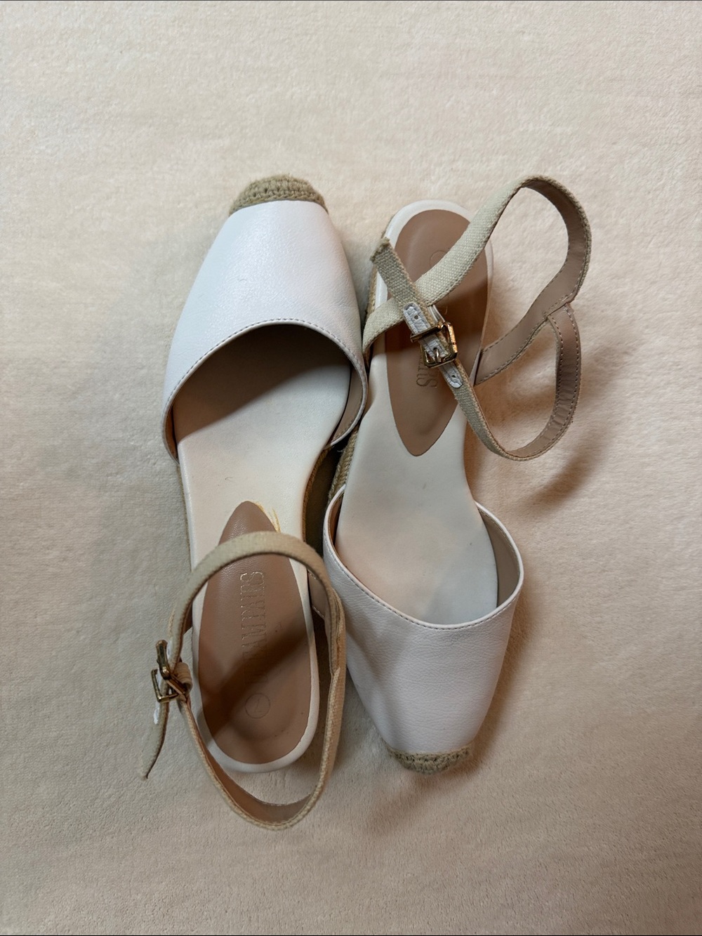 White Leather Espadrille Slingback Sandals with Beige Strap
